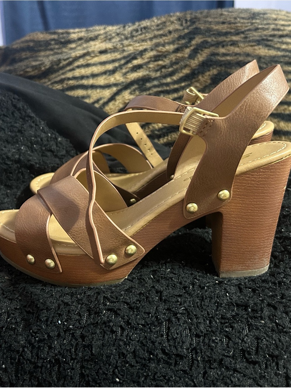 Soda Brown Strappy Platform Sandals with Gold Studs